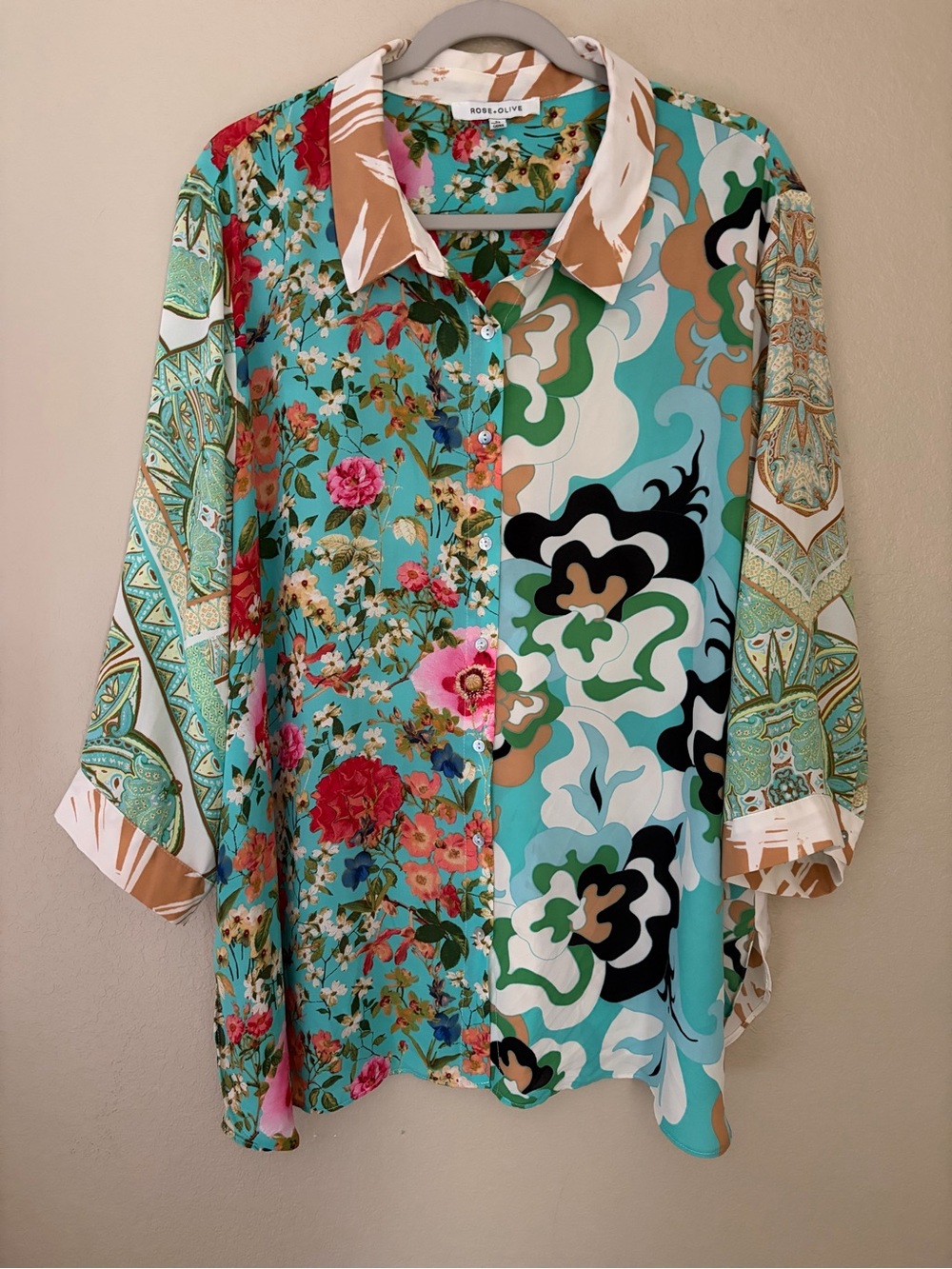 Rose & Olive Teal Multi Floral & Abstract Button-Front Shirt 3X
